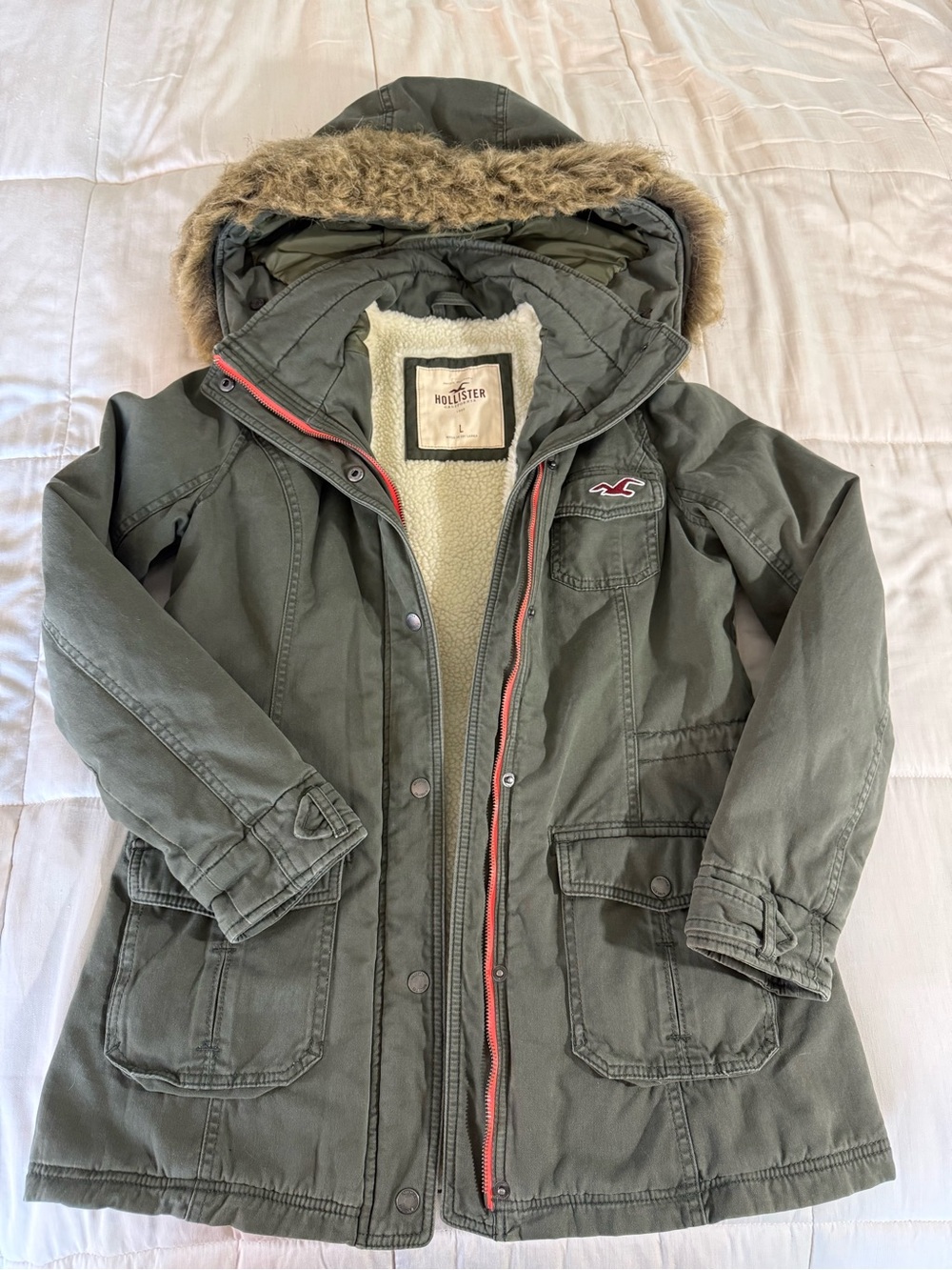 Vintage Hollister Y2K Army Green Winter parka coat warm faux fur hood trending L